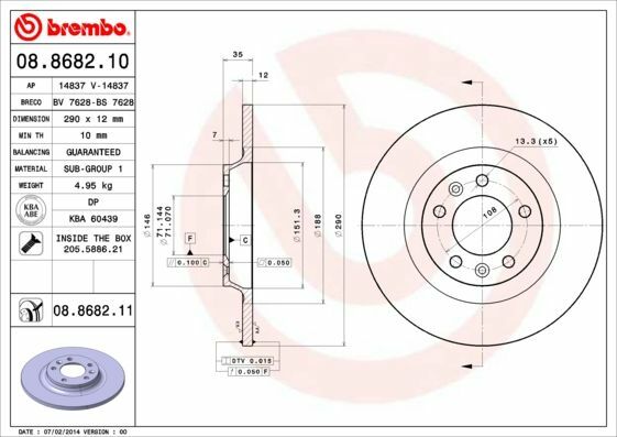 BREMBO 08.8682.10 | Fren Diski Arka [290 / 12-10 mm]-(Peugeot 407 1.6 HDI 1.8 2.0 2.0Hdı) | 2 Adet