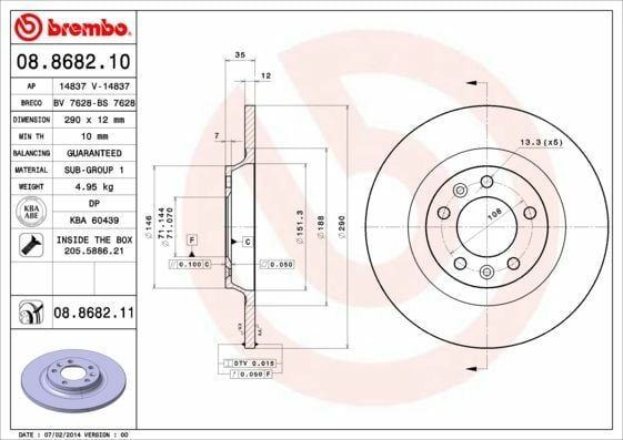 BREMBO 08.8682.10 | Fren Diski Arka [290 / 12-10 mm]-(Peugeot 407 1.6 HDI 1.8 2.0 2.0Hdı) | 2 Adet