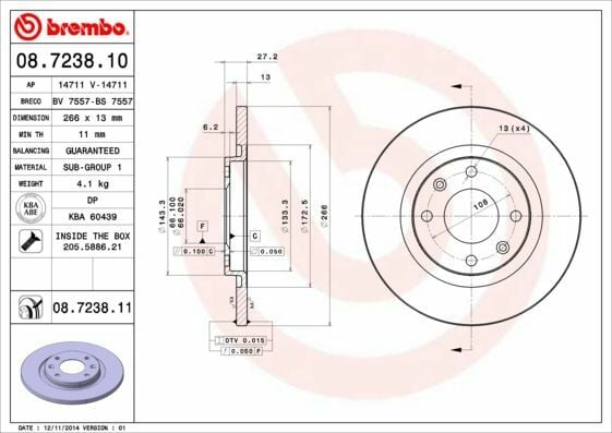 BREMBO 08.7238.10 | Fren Diski Ön Düz 266 mm (Peugeot Partner / 301 1.2 1.6 HDI 1.6 16V Berlingo 96 / C2 / C3 1.4 02) | 2 Adet