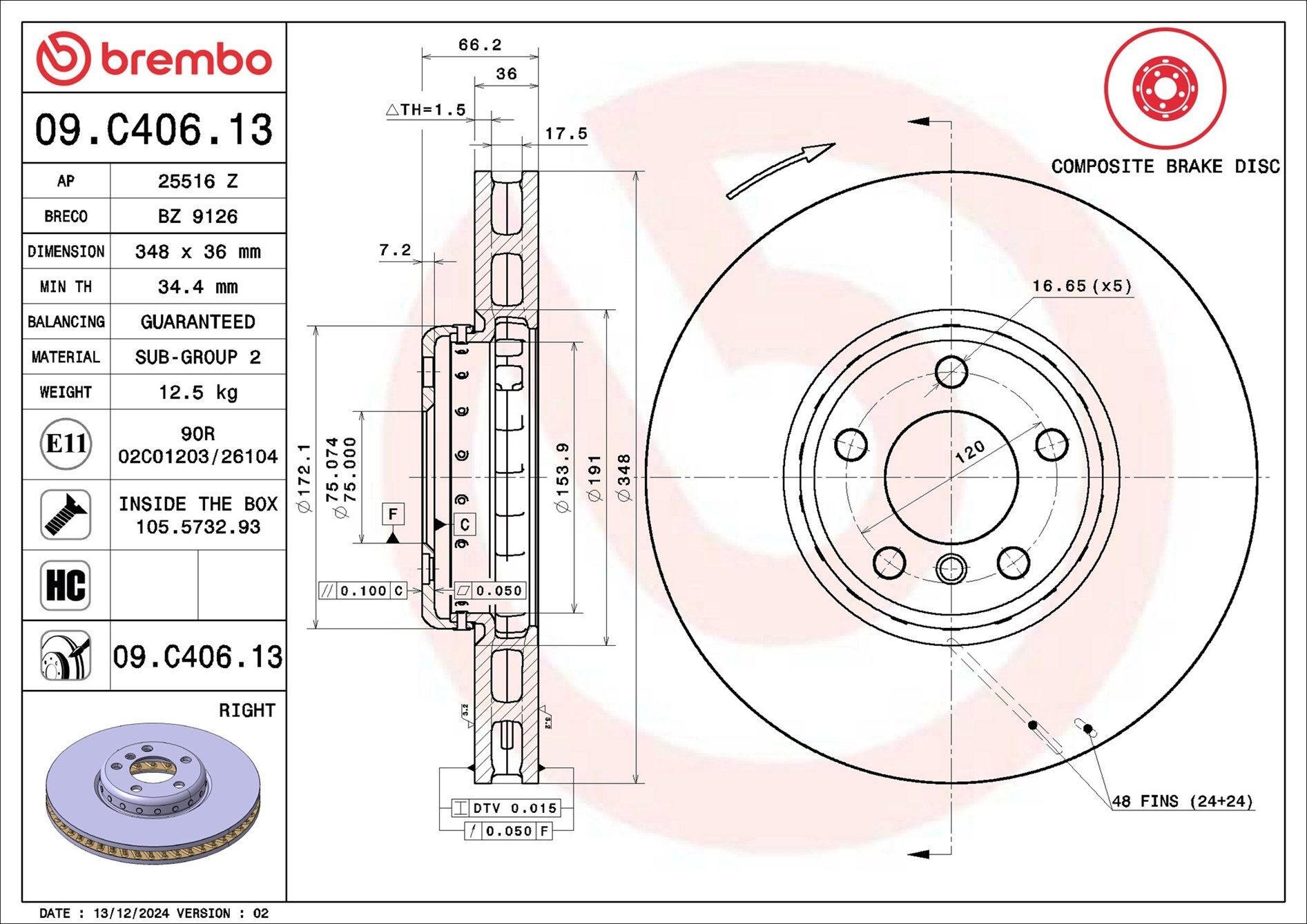 BREMBO 09.C406.13 | Fren Diski Ön Composıte BMW | 1 Adet