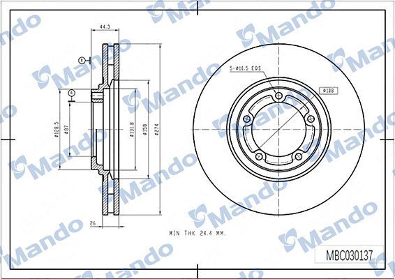 MANDO MBC030137 | Hyundai H100 Kamyonet 04-Starex 03-08 Libero Havalandırmalı Ön Fren Disk 274*1 | 2 Adet