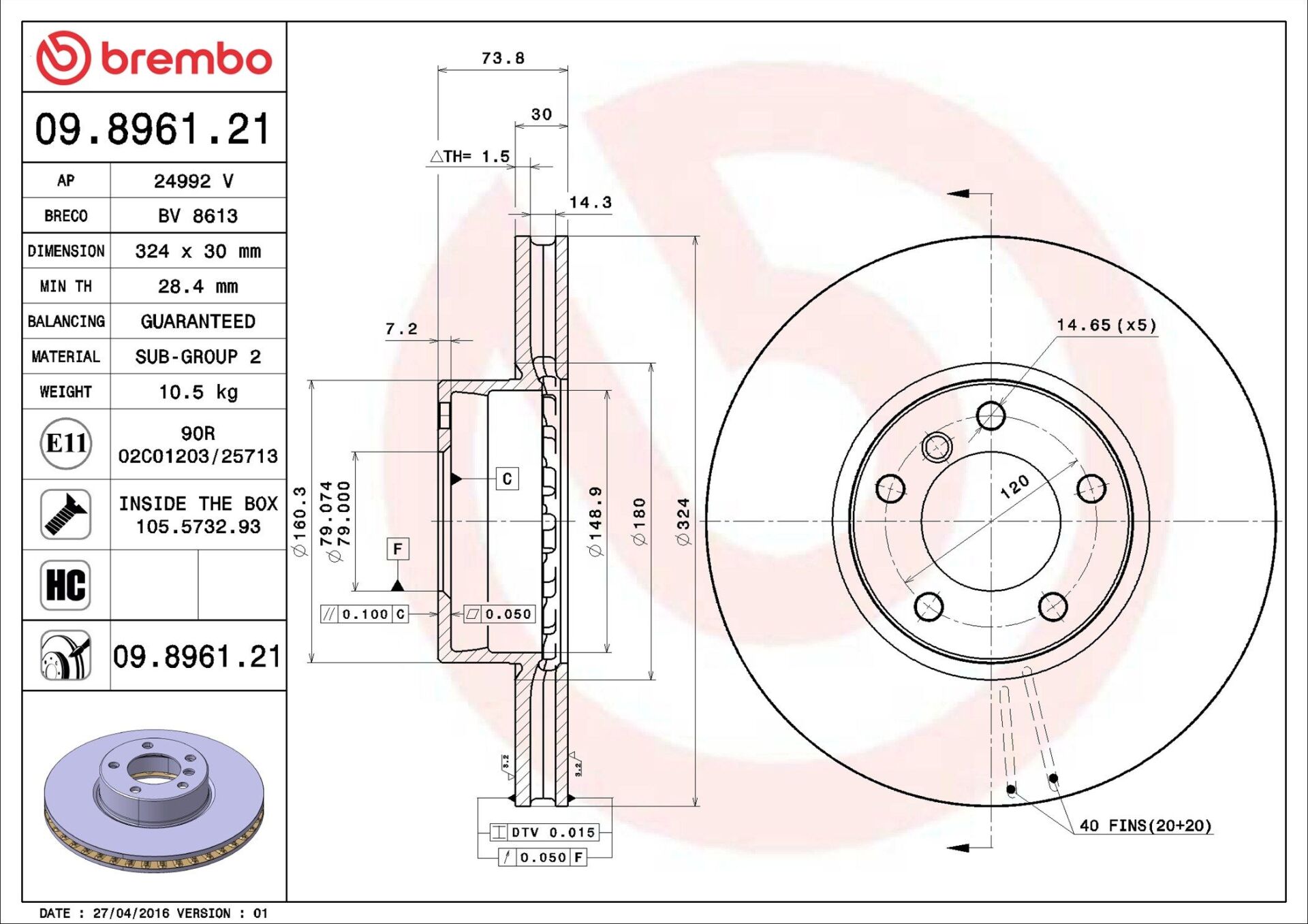 BREMBO 09.8961.21 | Fren Diski Ön UV Coated BMW | 1 Adet