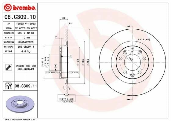BREMBO 08.C309.11 | Fren Diski Arka (Peugeot 308 II 14-/ Citroen C4 II 14 -) | 2 Adet