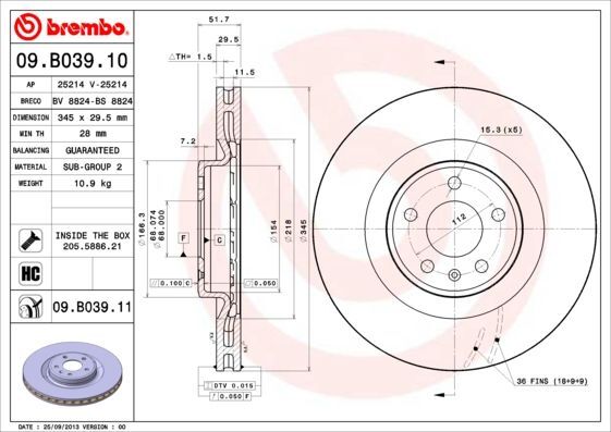 BREMBO 09.B039.11 | Fren Diski Ön (Audi A4 08-12 A5 08-11 Q5 09-12)
