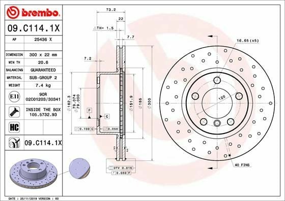 BREMBO 09.C114.1X | Fren Diski Ön Hava Kanallı Delikli (BMW F20-F30-F32) | 2 Adet
