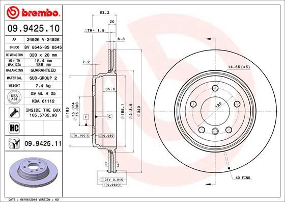 BREMBO 09.9425.11 | Fren Diski Arka Kaplamalı (BMW E60 / 520I 523I 525I 530I) | 2 Adet