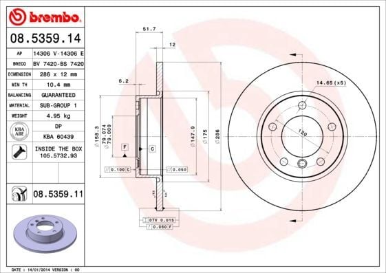 BREMBO 08.5359.14 | Fren Diski Ön Düz 286 mm (BMW E36) | 2 Adet