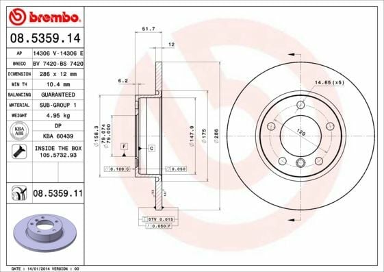 BREMBO 08.5359.11 | Fren Diski Ön Düz Kaplamalı 286 mm (BMW E36) | 2 Adet