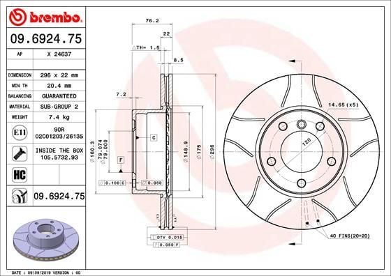 BREMBO 09.6924.75 | Fren Diski Ön Cızgılı Havalı 296 mm (BMW 5 Serıe E39 520-523-525-528-530-535) | 2 Adet