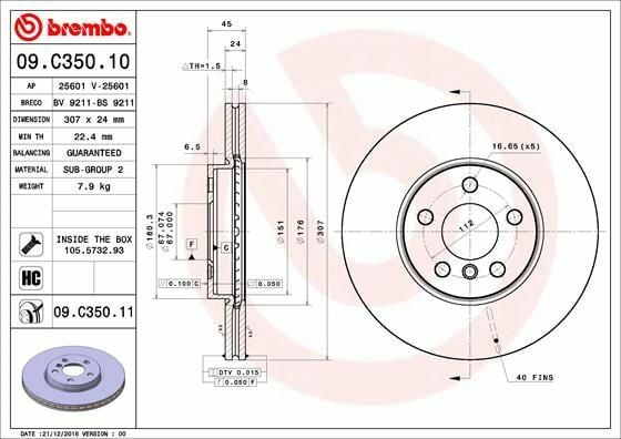 BREMBO 09.C350.11 | Fren Diski Ön (BMW F40-F45-F46-F48-F39 Mini F54-F60) | 2 Adet