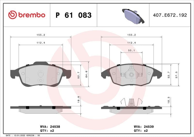 BREMBO P61083 | Fren Balatası Peugeot Partner / 5008 / Cıtr.C4 Ön