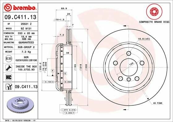 BREMBO 09.C411.13 | Fren Diski Arka BMW F10-F11 520 / 525 / 530 / D | 2 Adet