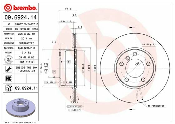 BREMBO 09.6924.11 | Fren Diski Ön Kaplamalı Havalı 296 mm (BMW 5 Serıe E39 520-523-525-528-530-535) | 2 Adet