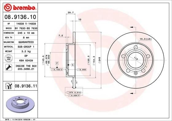 BREMBO 08.9136.10 | Fren Diski Arka (Audi A4 01-08 Seat Exeo 09-14) | 2 Adet