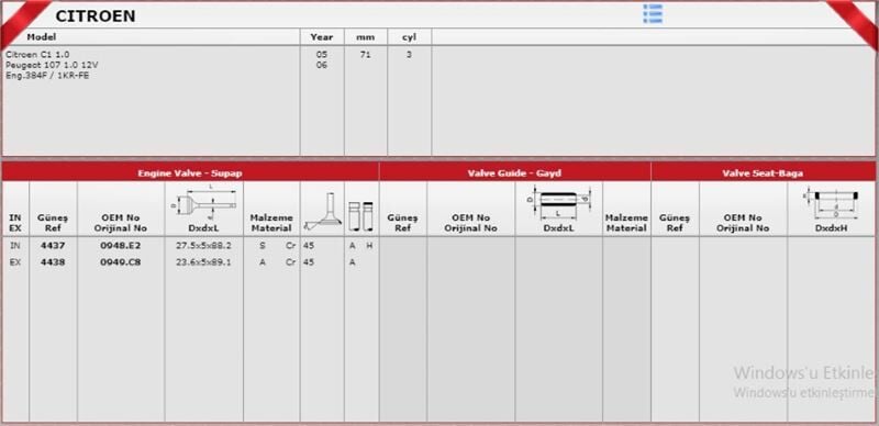 GÜNEŞ 44374438 | Takım Subap (12V) Peugeot C1 107 Yarı Aygo 10 05-384F 1Kr-Fe