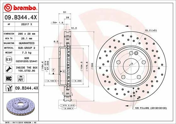 BREMBO 09.B344.4X | Fren Diski Ön (Mercedes A-Serisi (W176) 12-/ B-Serisi (W246) 11-/ Gla 200 13 -) Delikli | 2 Adet
