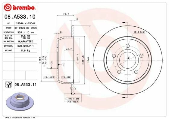 BREMBO 08.A533.11 | Fren Diski Arka Düz 305 mm UV Coated (Jeep Cherokee) | 2 Adet