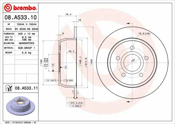 BREMBO 08.A533.11 | Fren Diski Arka Düz 305 mm UV Coated (Jeep Cherokee) | 2 Adet