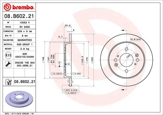 BREMBO 08.B602.21 | Fren Disk Arka Düz Kaplamalı 239-4 (Honda Jazz City 09-12) | 2 Adet