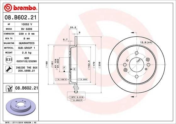 BREMBO 08.B602.21 | Fren Disk Arka Düz Kaplamalı 239-4 (Honda Jazz City 09-12) | 2 Adet