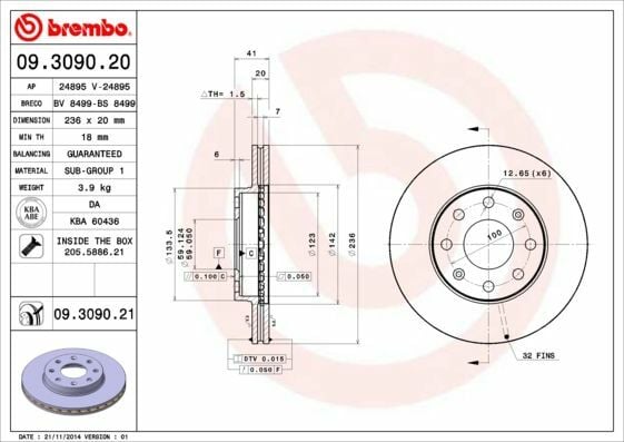 BREMBO 09.3090.20 | Fren Diski Ön Havalı (236-6)-(Chevrolet Kalos 02 / 10 / Aveo 05 / 10) | 2 Adet