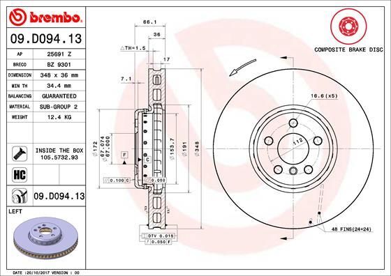 BREMBO 09.D094.13 | Fren Diski BMW G01 / 11 / 30 530 / 730 / 2.0 / D Ön Sol