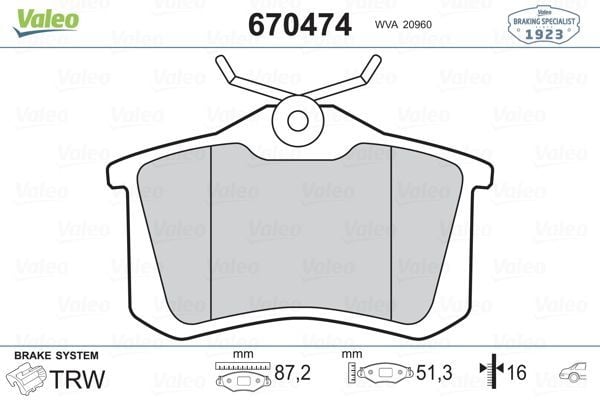 VALEO 670474 | Fren Balata Arka 03-Mgn.II-Mds-Clo.III-Golf.3.4.5-C2-C3-C4-307 17mm.