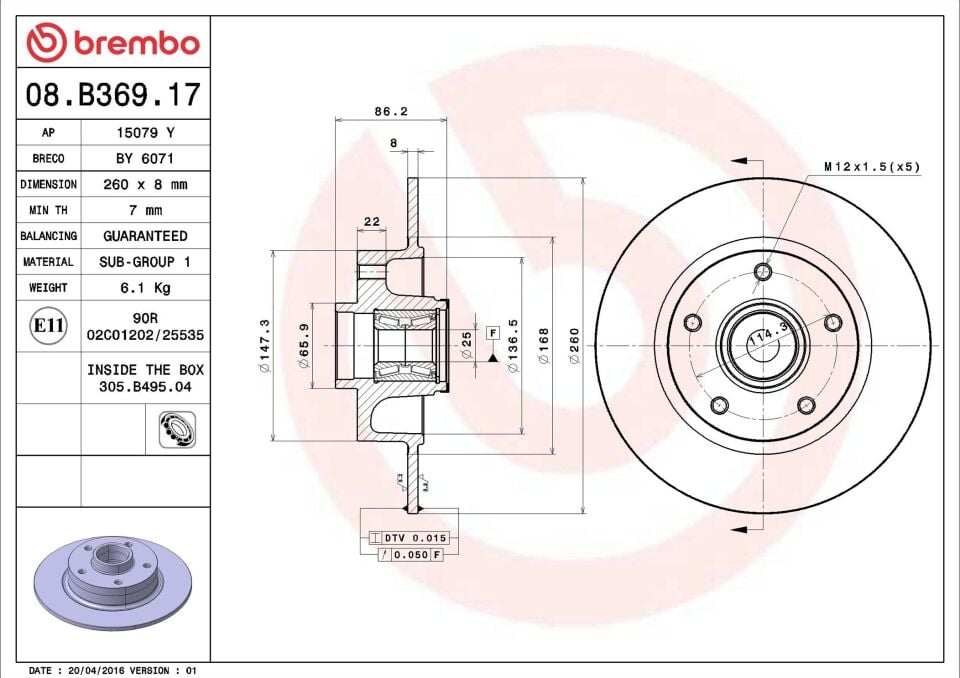 BREMBO 08.B369.17 | Fren Diski Arka Rulmanlı ABS Sensör Halkalı Toz Kapağı Ve Somunlu Renault Fluence Megane III | 2 Adet