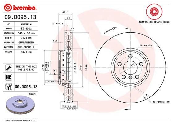 BREMBO 09.D095.13 | Fren Diski BMW G01 / 11 / 30 530 / 730 / 2.0 / D Ön Sağ