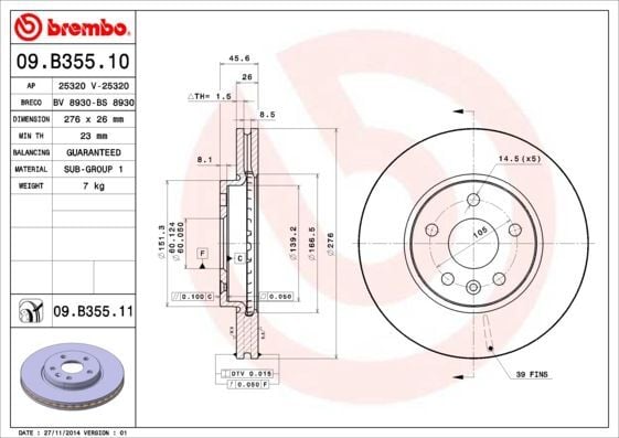 BREMBO 09.B355.10 | Fren Diski Ön Havalı (276-5)-(Opel Astra J-Chevrolet Aveo 11 / 12 / Cruze 09 / 12 15Jant) | 1 Adet